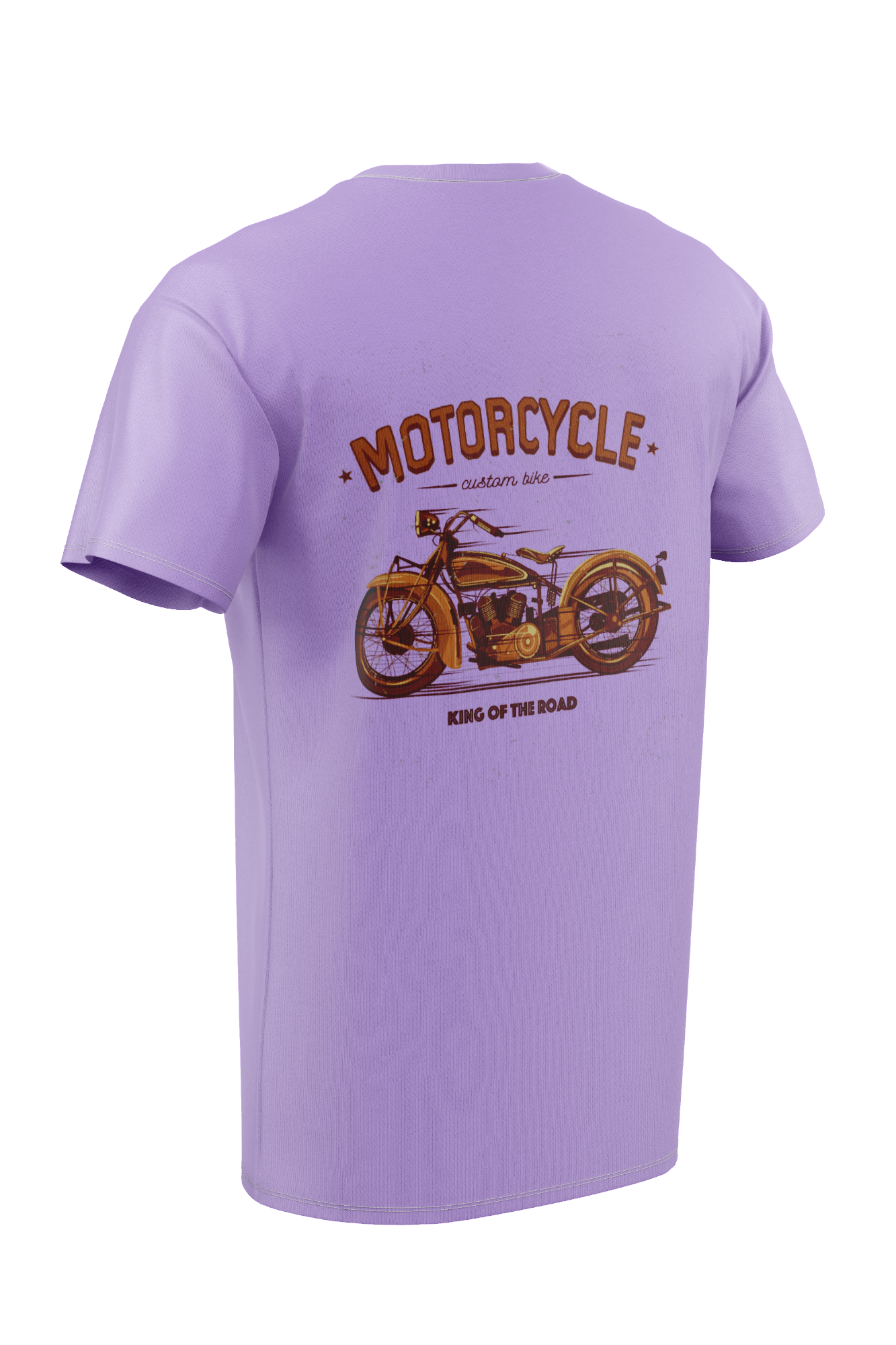 Back graphic of a vintage motorcycle with bold “MOTORCYCLE” lettering and “custom bike” / “KING OF THE ROAD” typography.